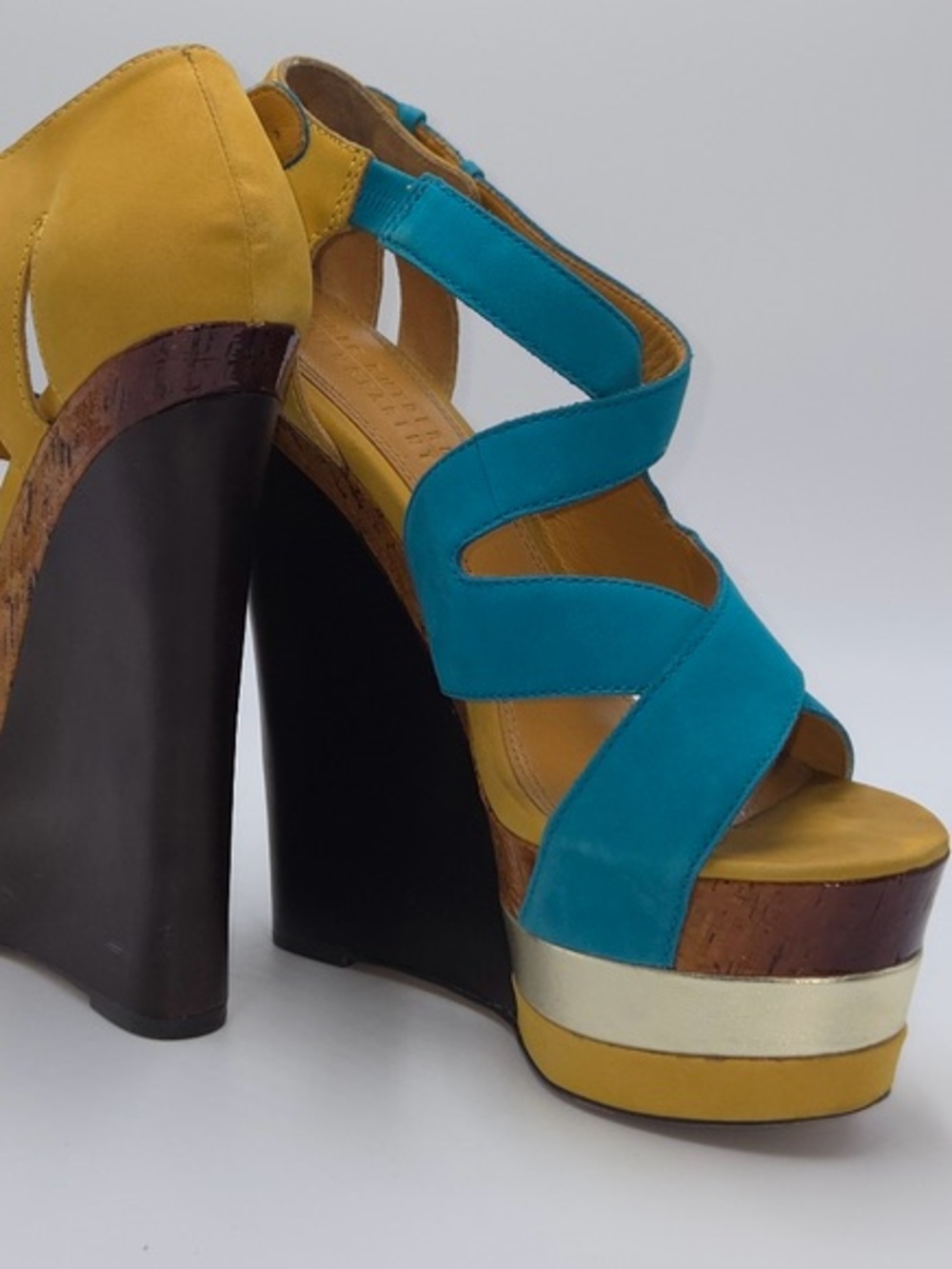 Eric Rutledge Blue & Yellow Women's Wedge Sandals with Adjustable Ankle Strap 9